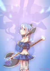 Rule 34 | 1girl, absurdres, axe, blue eyes, blue hair, blush, bow, closed mouth, crying, highres, holding, holding axe, kasane ao, long hair, long sleeves, looking to the side, magia record: mahou shoujo madoka magica gaiden, mahou shoujo madoka magica, navel, ribbon, shirt, skirt, solo, twintails, yakumo au