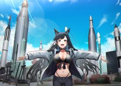 Rule 34 | 1girl, absurdres, animal ears, atago (azur lane), atago (space atago) (greyeth) (azur lane), azur lane, blue sky, breasts, cloud, commission, dog ears, hair tie, hanabusaraleigh, highres, jacket, long hair, looking at viewer, open clothes, open jacket, open mouth, outstretched arms, rocket, sky, smile, solo