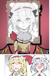 2girls 2koma ^_^ absurdres blonde_hair blue_hair blush closed_eyes comic commentary crystal_wings fang flandre_scarlet frown hat highres looking_at_object mob_cap multiple_girls one_side_up picture_frame pointy_ears portrait_(object) red_eyes remilia_scarlet self-portrait siblings silent_comic sisters skin_fang smile touhou tsune_(tune) white_hat wings