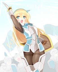 Rule 34 | 1girl, 3boys, absurdres, armor, armored dress, armpits, blonde hair, blue dress, blue eyes, blue hairband, blue ribbon, blush, brown gloves, brown pantyhose, commentary request, dress, elbow gloves, english text, glint, gloves, hair between eyes, hair ribbon, hairband, helmet, highres, holding, holding shield, holding sword, holding weapon, knight, long hair, multiple boys, non (wednesday-classic), open mouth, original, pantyhose, ribbon, shield, solo focus, sword, thighband pantyhose, vambraces, very long hair, weapon