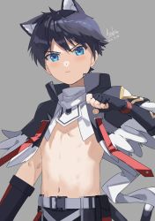 Rule 34 | 1boy, absurdres, animal ears, asuka shirou, belt, bishounen, blue eyes, blue hair, blush, cat ears, closed mouth, commentary request, dated, extra ears, fingerless gloves, gloves, grey background, highres, looking at viewer, male focus, navel, original, short hair, signature, simple background, solo, stomach, torso, utility belt