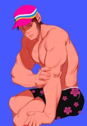 Rule 34 | 1boy, bara, baseball cap, black male swimwear, feet out of frame, floral print, from side, hat, large pectorals, long sideburns, male focus, male swimwear, mature male, muscular, muscular male, neilos, original, pectorals, pink hat, print male swimwear, short hair, sideburns, sitting, solo, swim trunks, topless male
