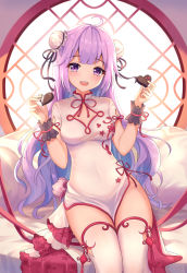 Rule 34 | 1girl, :d, ahoge, azur lane, backlighting, bed sheet, blush, breasts, bun cover, candy, china dress, chinese clothes, chocolate, chocolate heart, commentary request, day, double bun, dress, food, hair bun, heart, highres, holding, holding food, icwine, long hair, looking at viewer, medium breasts, open mouth, pelvic curtain, pillow, purple eyes, purple hair, round window, short sleeves, sitting, smile, solo, sunlight, teeth, thighhighs, unicorn (azur lane), unicorn (the gift of spring) (azur lane), upper teeth only, valentine, very long hair, white dress, white thighhighs, window, wrist cuffs