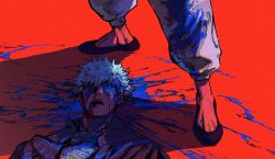Rule 34 | 2boys, baggy pants, bleeding, blood, blood from mouth, blood on clothes, blood splatter, blue blood, colored blood, flats, fushiguro touji, gojou satoru, hidden eyes, jujutsu kaisen, lying, male focus, multiple boys, natsu (rodysanp), nosebleed, on back, on ground, open mouth, out of frame, pants, red background, shoes, short hair, simple background, spoilers, standing, upper body, white hair