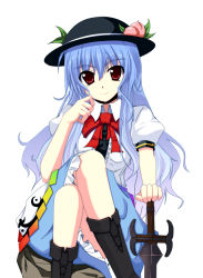 Rule 34 | 1girl, bad id, bad pixiv id, blue hair, boots, buront, buront (cosplay), cosplay, female focus, final fantasy, final fantasy xi, food, fruit, hat, hinanawi tenshi, hinata chitose, peach, red eyes, simple background, sitting, solo, sword, touhou, weapon, white background