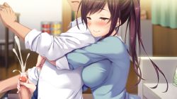Rule 34 | 1girl, :&gt;, ayase hazuki, blurry, blurry background, blush, breast press, breasts, brown hair, censored, chair, closed mouth, couch, cum, ejaculation, embarrassed, from side, game cg, half-closed eyes, handjob, high ponytail, hug, hug from behind, indoors, knot fiction!, large breasts, long hair, mosaic censoring, narumiya chisa, original, penis, projectile cum, smile, upper body, yellow eyes