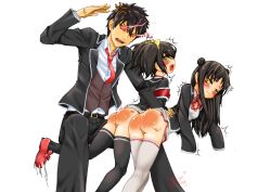 Rule 34 | 10s, 1boy, 2girls, anger vein, angry, armband, artist request, ass, belt, bent over, black hair, black jacket, black legwear, black pants, blazer, blush, bow, bowtie, breasts, brown vest, china dress, chinese clothes, clothes lift, double bun, dress, dress lift, fang, glowing, glowing eyes, hair ornament, hair ribbon, inuzuka romio, jacket, kishuku gakkou no juliet, long hair, long sleeves, multiple girls, necktie, no panties, open clothes, open jacket, open mouth, pants, pussy, red eyes, ribbon, school uniform, shirt, shoes, short hair, short twintails, side bun, simple background, sitting, sleeves past wrists, spanked, spanking, tears, thighhighs, trembling, twintails, uncensored, vest, wang kochou, wang teria, white background, white dress, white legwear, white shirt, yellow eyes