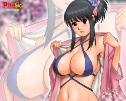 Rule 34 | 1girl, action pizazz, bikini, black hair, breasts, cleavage, flower, hair flower, hair ornament, japanese clothes, kimono, large breasts, official art, official wallpaper, purple bikini, saigado, smile, solo, swimsuit, undressing, wallpaper, zoom layer