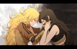 Rule 34 | 2girls, ahoge, animal ears, bare arms, bare shoulders, black hair, blake belladonna, blonde hair, breasts, brown jacket, cat ears, cat girl, closed eyes, closed mouth, crying, damaged, dishwasher1910, extra ears, facing another, faunus (rwby), forehead-to-forehead, hand on another&#039;s cheek, hand on another&#039;s face, hand on another&#039;s hand, hand on hand, hand up, happy, heads together, holding hands, hug, jacket, large breasts, letterboxed, long hair, long sleeves, medium breasts, midriff, multiple girls, orange scarf, prosthesis, prosthetic arm, puffy short sleeves, puffy sleeves, rwby, sad, scarf, shirt, short sleeves, sleeveless, sleeveless shirt, smile, sobbing, spoilers, strapless, streaming tears, tearing up, tears, tube top, upper body, wavy hair, yang xiao long, yellow shirt