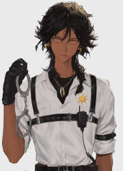 Rule 34 | 1boy, absurdres, alternate costume, arknights, black gloves, black hair, braid, closed mouth, cuffs, dark-skinned male, dark skin, earrings, geebee 79, gloves, grey background, hair between eyes, handcuffs, highres, holding, holding handcuffs, jewelry, looking at viewer, male focus, necklace, orange eyes, police badge, shirt, side braids, simple background, solo, thorns (arknights), upper body, white shirt