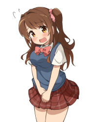 Rule 34 | 1girl, blue sweater vest, blush, bow, bowtie, breasts, brown hair, collared shirt, covering privates, covering crotch, cowboy shot, d:, flying sweatdrops, furrowed brow, highres, idolmaster, idolmaster cinderella girls, kuwahara, long hair, looking at viewer, medium breasts, one side up, open mouth, orange eyes, pink bow, pink bowtie, pleated skirt, red skirt, school uniform, shimamura uzuki, shirt, short sleeves, simple background, skirt, skirt tug, solo, sweater vest, tearing up, thighs, uniform, wavy mouth, white background, white shirt