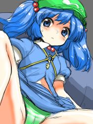 Rule 34 | 1girl, bad id, bad pixiv id, blue eyes, blue hair, blush, female focus, hair bobbles, hair ornament, hat, highres, kawashiro nitori, key, looking at viewer, matching hair/eyes, mono (moiky), panties, short hair, sketch, solo, striped clothes, striped panties, touhou, twintails, two side up, underwear