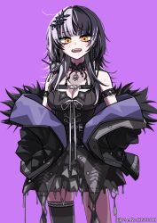 1girl absurdres arm_strap black_choker black_coat black_dress black_hair black_thighhighs breasts choker cleavage coat dress earrings fur-trimmed_coat fur_trim grey_hair hair_ornament highres hololive hololive_english jewelry large_breasts long_hair looking_at_viewer multicolored_hair open_mouth purple_background purple_coat ribbon shiori_novella shiori_novella_(1st_costume) simple_background single_thighhigh solo split-color_hair striped_clothes striped_thighhighs thighhighs two-sided_coat two-sided_fabric two-tone_hair virtual_youtuber white_ribbon yellow_eyes yorick_(shiori_novella) zenox5300