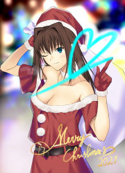 Rule 34 | 1girl, 2021, alternate costume, aozaki aoko, bare shoulders, belt, belt buckle, black belt, blouse, blue eyes, blush, breasts, brown hair, buckle, choker, christmas, cleavage, collarbone, commentary request, commission, english text, gloves, hair between eyes, hair intakes, hat, highres, holding, holding sack, large breasts, long hair, looking at viewer, mahou tsukai no yoru, merry christmas, one eye closed, pixiv commission, red gloves, red hat, red shirt, sack, santa costume, santa hat, shirt, short sleeves, sidelocks, smile, solo, takai isshiki, teeth, upper body, white choker