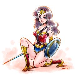 Rule 34 | 1girl, armor, belt, blue eyes, brown hair, dc comics, forehead protector, full body, pteruges, shield, solo, strapless, wonder woman, wonder woman (series)