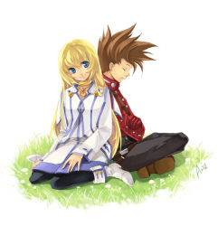 Rule 34 | 00s, 1boy, 1girl, aria (aria chu), back-to-back, blonde hair, blue eyes, boots, brown hair, choker, colette brunel, couple, crossed arms, closed eyes, hetero, indian style, jewelry, lloyd irving, long hair, pantyhose, red shirt, shirt, sitting, sleeping, smile, tales of (series), tales of symphonia, wariza