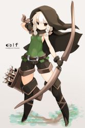 Rule 34 | 1girl, arrow (projectile), belt, blonde hair, boots, bow (weapon), braid, brown eyes, cloak, dragon&#039;s crown, elf, elf (dragon&#039;s crown), gloves, highres, hood, karukan (monjya), long hair, pointy ears, quiver, shorts, sleeveless, squirrel, thigh boots, thighhighs, twin braids, weapon