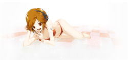 Rule 34 | 1girl, aged down, bad id, bad pixiv id, barefoot, bikini, brown eyes, brown hair, checkered floor, headphones, headset, lying, meiko (vocaloid), nail polish, on side, orange nails, perspective, sakine meiko, short hair, smile, solo, stecky, swimsuit, vocaloid