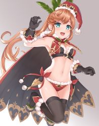 Rule 34 | 1girl, black gloves, black thighhighs, boots, bra, breasts, brown hair, cape, capelet, christmas, clarisse (granblue fantasy), cleavage, full body, fur-trimmed boots, fur-trimmed gloves, fur trim, gloves, granblue fantasy, green eyes, grey background, hat, highres, holly, hood, hooded cape, jumping, kurisu-kun, long hair, medium breasts, mistletoe, navel, open mouth, panties, ponytail, red bra, red cape, red footwear, red hat, red panties, santa hat, smile, solo, thighhighs, underwear, underwear only, very long hair