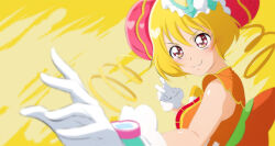 Rule 34 | 1girl, blonde hair, bun cover, closed mouth, cure yum-yum, delicious party precure, fighting stance, fuchi (nightmare), gloves, hanamichi ran, highres, long hair, magical girl, orange shirt, precure, red eyes, shirt, sleeveless, sleeveless shirt, smile, solo, upper body, white gloves