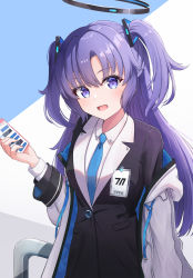Rule 34 | 1girl, black jacket, blazer, blue archive, collared shirt, hair ornament, halo, highres, hikkyou, holding, holding phone, id card, jacket, long hair, looking at viewer, necktie, off shoulder, open mouth, phone, purple eyes, purple hair, shirt, smile, solo, two side up, upper body, white jacket, white shirt, yuuka (blue archive)