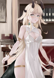 Rule 34 | 1girl, absurdres, ahoge, alternate costume, arknights, blonde hair, bracelet, breasts, cleavage, commentary request, cowboy shot, dress, green eyes, groin, highres, horns, indoors, jewelry, long hair, looking at viewer, medium breasts, no panties, parted lips, reed (arknights), sleeveless, sleeveless dress, solo, standing, thigh strap, very long hair, white dress, youqimin (jiegaozhong)