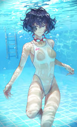 Rule 34 | 1girl, air bubble, asics, barefoot, breasts, bubble, caustics, closed mouth, competition swimsuit, feet out of frame, frown, goggles, goggles around neck, highleg, highleg swimsuit, highres, holding breath, kaoming, looking at viewer, one-piece swimsuit, original, pool, pool ladder, see-through, short hair, solo, submerged, swimsuit, underwater, wavy hair, wet, wet clothes, wet swimsuit, white one-piece swimsuit