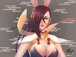 Rule 34 | 1girl, animal ears, breasts, brown hair, rabbit ears, cleavage, fire emblem, fire emblem fates, fire emblem heroes, hair over one eye, highres, kagero (fire emblem), large breasts, long hair, looking at viewer, nintendo