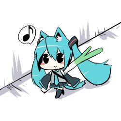 Rule 34 | 1girl, :&gt;, animal ears, aqua hair, bad id, bad pixiv id, blush stickers, cat ears, cat tail, chibi, detached sleeves, hatsune miku, kemonomimi mode, long hair, mizuki (koko lost), musical note, necktie, simple background, skirt, solo, spring onion, tail, thighhighs, twintails, very long hair, vocaloid, walking