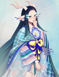 Rule 34 | 1girl, animal ears, antlers, artist name, blue bow, blue eyes, blue flower, blue hair, blue kimono, blush, bow, closed mouth, commentary, commission, dragon horns, embarrassed, english commentary, fins, flower, freckles, gradient hair, hand up, head fins, highres, horns, japanese clothes, kimono, lavelis, long eyelashes, long hair, long sleeves, looking at viewer, multicolored hair, original, shy, solo, standing, very long hair