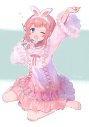 Rule 34 | 1girl, :o, animal ears, arm up, barefoot, blush, braided hair rings, bubble, carrot hair ornament, commentary request, fake animal ears, food-themed hair ornament, frilled sleeves, frills, full body, hair ornament, hairband, hand up, highres, koma (kukiwakameco), long sleeves, looking at viewer, nightgown, nijisanji, official alternate costume, one eye closed, open mouth, pink hair, pink ribbon, purple eyes, rabbit ears, ribbon, sitting, sleepy, solo, squeans, suo sango, suo sango (2nd costume), virtual youtuber, wariza, white hairband, white nightgown, wide sleeves, yawning