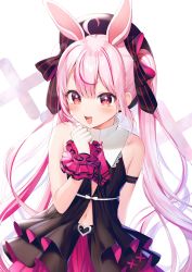Rule 34 | 1girl, :d, ahoge, animal ears, bare shoulders, beret, black bow, black dress, black hat, bow, commentary request, dress, gloves, hair between eyes, hair bow, hand up, hat, heart, highres, long hair, looking at viewer, momoshiki tsubaki, multicolored hair, navel, open mouth, pink hair, purple hair, rabbit ears, red eyes, short eyebrows, sleeveless, sleeveless dress, smile, solo, streaked hair, striped, striped bow, thick eyebrows, tomari mari, tomari mari channel, twintails, very long hair, virtual youtuber, white gloves