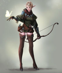 Rule 34 | 1girl, absurdres, armor, arrow (projectile), belt, belt pouch, blonde hair, boots, bow (weapon), breasts, brown footwear, brown gloves, brown thighhighs, bug, butterfly, canister, cape, capelet, commentary, cross-laced footwear, dress, elf, eyelashes, fang, fingerless gloves, full body, garter straps, gloves, green cape, green dress, high heel boots, high heels, highres, holding, holding bow (weapon), holding weapon, insect, kyung han kim, lace-up boots, legs apart, lips, long sleeves, medium breasts, microdress, nose, original, parted lips, pauldrons, pink lips, pointy ears, pouch, puffy long sleeves, puffy sleeves, quiver, red scarf, scarf, sheath, sheathed, short hair, shoulder armor, sidelocks, single pauldron, slit pupils, smile, solo, standing, sword, teeth, thigh boots, thighhighs, vambraces, weapon, zettai ryouiki