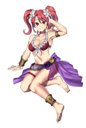 Rule 34 | 1girl, absurdres, anklet, armlet, bikini, breasts, cleavage, closed mouth, ebinku, fire emblem, fire emblem echoes: shadows of valentia, flower, full body, hair flower, hair ornament, highres, jewelry, long hair, mae (fire emblem), nintendo, pink eyes, pink hair, sarong, simple background, smile, solo, swimsuit, thigh strap, twintails, white background