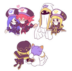 Rule 34 | 1boy, 3girls, blonde hair, blue hair, blush stickers, dede (qwea 00000), disembodied hand, dot eyes, closed eyes, flamberge (kirby), francisca (kirby), hand on another&#039;s hand, hat, heart, hood, hyness, kirby: star allies, kirby (series), military hat, multiple girls, nintendo, no humans, red hair, simple background, white background, zan partizanne