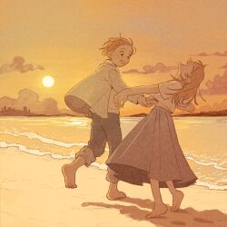 Rule 34 | 1boy, 1girl, barefoot, blonde hair, closed eyes, cloud, evening, facing up, film grain, footprints, from behind, from side, highres, holding hands, layered clothes, long hair, long sleeves, mannerer62, no sclera, ocean, open mouth, orange sky, original, sand, shirt, shore, short hair, short sleeves, skirt, sky, skyline, smile, three quarter view, white shirt