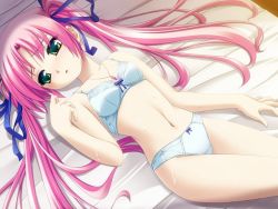 Rule 34 | bed, bra, dutch angle, embarrassed, from above, game cg, green eyes, jewelry, long hair, necklace, panties, pink hair, ribbon, sweat, twintails, underwear
