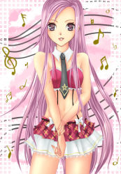 Rule 34 | 1girl, flat sign, long hair, looking at viewer, lucia, lucia (pangya), midriff, music, musical note, necktie, pangya, parted lips, pink eyes, pink hair, quaver, quaver rest, ribbon, skirt, solo, staff (music), treble clef, very long hair