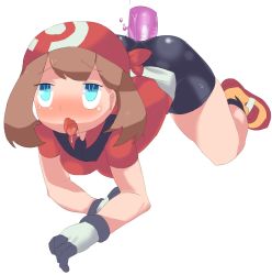 Rule 34 | 1girl, all fours, bike shorts, blush, breasts, creatures (company), game freak, lube, man0., may (pokemon), nintendo, pokemon, saliva, short hair, small breasts, solo, tears, tongue, tongue out, white background