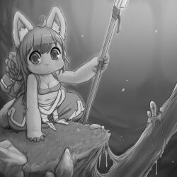 Rule 34 | 1girl, :&lt;, animal ears, backpack, bag, belt bra, breasts, cleavage, closed mouth, greyscale, holding, holding polearm, holding weapon, kionant, looking at viewer, made in abyss, midriff, monochrome, navel, one side up, original, polearm, puffy pants, small breasts, solo, spear, weapon
