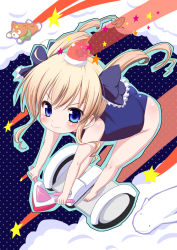 Rule 34 | 10s, 1girl, akechi kokoro, alarm siren, barefoot, beluga whale, blonde hair, blue eyes, blush, bow, cloud, dog, hair bow, leaning forward, long hair, looking at viewer, muu rian, one-piece swimsuit, outline, polka dot, polka dot background, school swimsuit, segway, star (symbol), swimsuit, tantei opera milky holmes, twintails