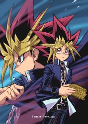 Rule 34 | 2boys, belt, black hair, blonde hair, chain, closed mouth, commentary request, dyed bangs, highres, holding, jacket, long sleeves, male focus, millennium puzzle, multicolored hair, multiple boys, muto yugi, pants, parted lips, purple hair, school uniform, shirt, soya (sys ygo), spiked hair, yami yugi, yu-gi-oh!, yu-gi-oh! duel monsters