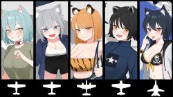 Rule 34 | 5girls, :d, :p, aircraft, airplane, akanbe, animal ear fluff, animal ears, animal print, atamonica, bandeau, bear ears, bear girl, bikini, black bikini, black hair, black shorts, blue eyes, blue hair, blue jacket, blush, breasts, cat ears, cat girl, choker, cleavage, closed mouth, commentary, english commentary, eyelid pull, f-14 tomcat, f4f wildcat, f6f hellcat, f7f tigercat, f8f bearcat, fighter jet, front-tie bikini top, front-tie top, green shirt, grey hair, grin, hand up, highres, hood, hoodie, jacket, jet, large breasts, looking at viewer, medium breasts, midriff, military vehicle, multicolored choker, multiple girls, navel, open mouth, orange bandeau, orange eyes, orange hair, original, personification, red choker, red eyes, shirt, short hair, shorts, silhouette, skull and crossbones, smile, swimsuit, tiger ears, tiger girl, tiger print, tongue, tongue out, turtleneck, turtleneck jacket, united states navy, v-shaped eyebrows, white choker, white hoodie, white shirt, yellow eyes