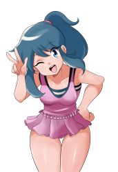 Rule 34 | 1girl, absurdres, bare shoulders, blue eyes, blue hair, breasts, creatures (company), dawn (pokemon), game freak, high ponytail, highres, long hair, looking at viewer, lucyfer, medium breasts, nintendo, one-piece swimsuit, one eye closed, pink one-piece swimsuit, pokemon, pokemon: arceus and the jewel of life, pokemon (anime), pokemon dppt (anime), ponytail, shiny skin, simple background, smile, solo, swimsuit, upper body, v, weapon, white headwear, wink