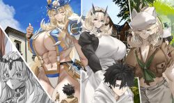 Rule 34 | 1boy, 1girl, abs, absurdres, bare shoulders, barghest (fate), barghest (swimsuit archer) (fate), breasts, cleavage, fate/grand order, fate (series), fujimaru ritsuka (male), fujimaru ritsuka (male) (summer street), highres, huge breasts, long hair, long sleeves, multiple views, navel, obazzotto, open mouth