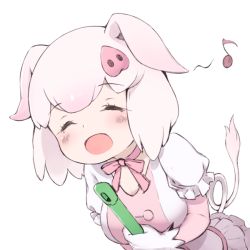 Rule 34 | 1girl, ^ ^, animal ears, blush, broom, choker, closed eyes, commentary request, elbow gloves, closed eyes, frilled skirt, frills, gloves, kemono friends, musical note, note (suzu note000), open mouth, pig (kemono friends), pig ears, pig nose, pig tail, pink hair, puffy short sleeves, puffy sleeves, short hair, short sleeves, skirt, solo, spoken musical note, tail, white gloves, white hair