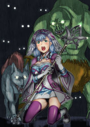 Rule 34 | 1girl, :o, boots, breasts, cleavage, dress, full body, gloves, glowing, glowing eyes, green eyes, grey hair, head wings, holding, holding staff, long sleeves, looking at viewer, medium breasts, melia antiqua, open mouth, orc, purple dress, purple thighhighs, seiza, sitting, solo focus, staff, teeth, tenzen miyabi, thighhighs, upper teeth only, white dress, white footwear, white gloves, white wings, wide sleeves, wings, wolf, xenoblade chronicles (series), xenoblade chronicles 1