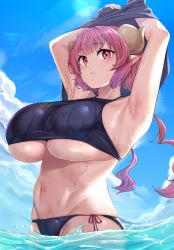 Rule 34 | 1girl, armpits, arms up, beads, bikini, black bikini, blue sky, blush, breasts, clothes lift, cloud, day, dragon girl, hair beads, hair ornament, highres, horns, huge breasts, ilulu (maidragon), kobayashi-san chi no maidragon, light rays, long hair, moisture (chichi), navel, ocean, outdoors, partially submerged, pointy ears, red eyes, red hair, shiny skin, shirt lift, shortstack, skindentation, sky, slit pupils, solo, standing, sunbeam, sunlight, swimsuit, twintails, water, wet