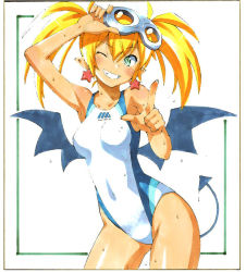 Rule 34 | 1girl, aq interactive, arcana heart, atlus, bat wings, blonde hair, competition swimsuit, demon girl, demon tail, earrings, examu, goggles, goggles on head, jewelry, lilica felchenerow, nakamura yukitoshi, one-piece swimsuit, one eye closed, pointy ears, solo, swimsuit, tail, twintails, wings, wink