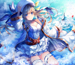 Rule 34 | 1girl, absurdres, adjusting clothes, adjusting headwear, argyle, arm up, bare shoulders, belt, beret, blonde hair, blue eyes, blue ribbon, bow, breasts, building, camisole, cleavage, closed mouth, cloud, cloudy sky, coat, collarbone, commentary request, cucouroux (granblue fantasy), day, floating hair, frilled skirt, frills, granblue fantasy, green bow, hair bow, hair ribbon, hat, highres, layered skirt, leg up, long hair, long sleeves, looking at viewer, medium breasts, miniskirt, off shoulder, open clothes, open coat, outdoors, ribbon, shirt, skirt, sky, smile, solo, suisen-21, thigh strap, twintails, v-shaped eyebrows, white coat, white hat, white shirt, white skirt, wide sleeves